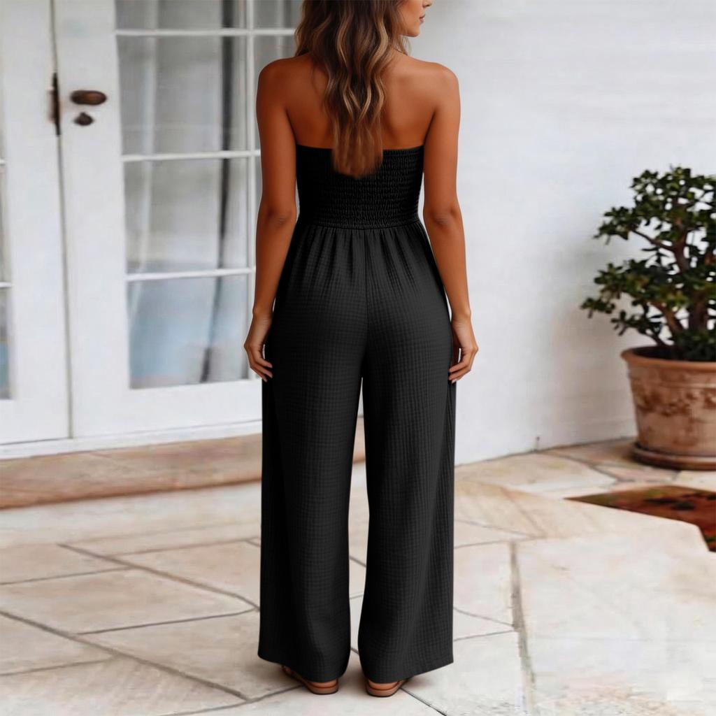 Women's Fashion Wide-Leg  Color Strapless Pocket Waist-cinching Jumpsuit