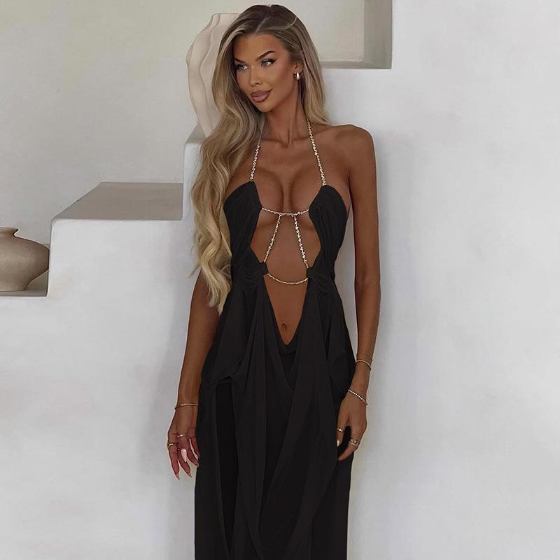 2025 Sommer Europäisches & Amerikanisches Netz Durchsichtiges Neckholder-Kleid: Sexy tief ausgeschnittener Urlaubsstil für Damen