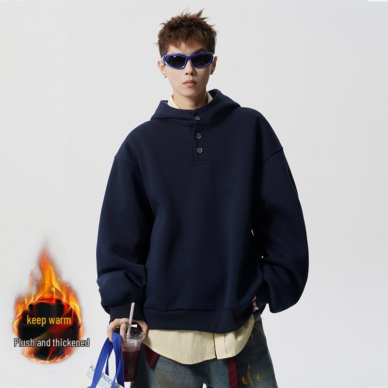 Unisex Retro Heavyweight Fleece-Lined Button-Up Hoodie: Trendy and Loose Fit