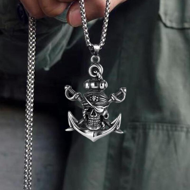 Náhrdelník s přívěskem lebky a dvěma meči pro muže Hip Hop Cool Styl Retro Měděná barva Nerezová ocel Kostra Krční šperky Dárky