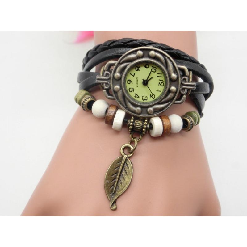Ceasuri cu curea din piele cu pandantiv cu aripi de înger cu frunze retro, cu brăţară din cuarţ, ceas de mână