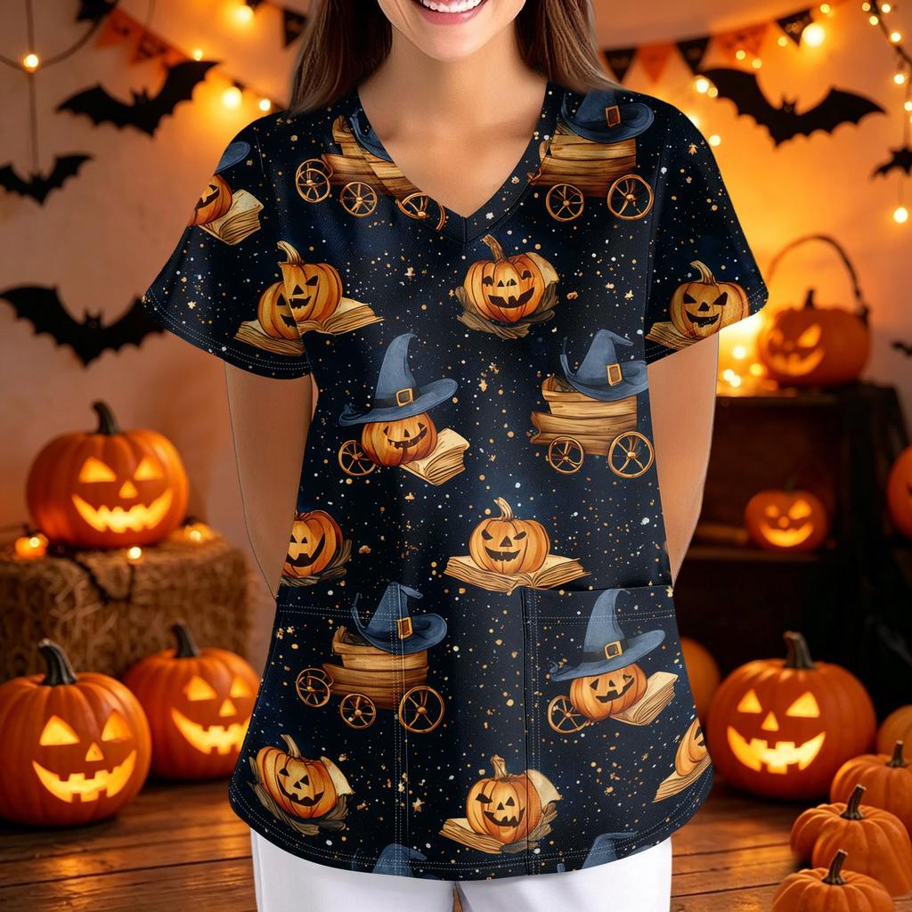 Halloween Print Loose Fit V Neck Short Sleeve Medical Scrub Top with Pockets for Women Nurses Caregivers Workwear
