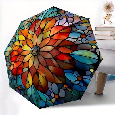 1pc Stained Glass Mandala Automatic Open/close Umbrella, 8-Rib Sturdy Structure, Portable Travel Umbrella, Parties, Everyday Use, Outdoor Ac