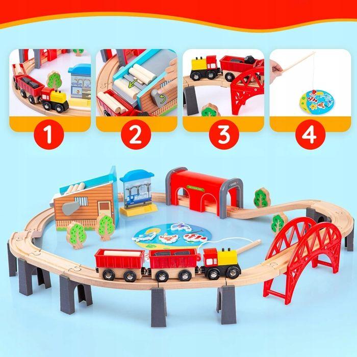 Train en bois kinderplay green series avec rails, locomotive, wagons, pont, scierie et pêche magnétique (gs6151)