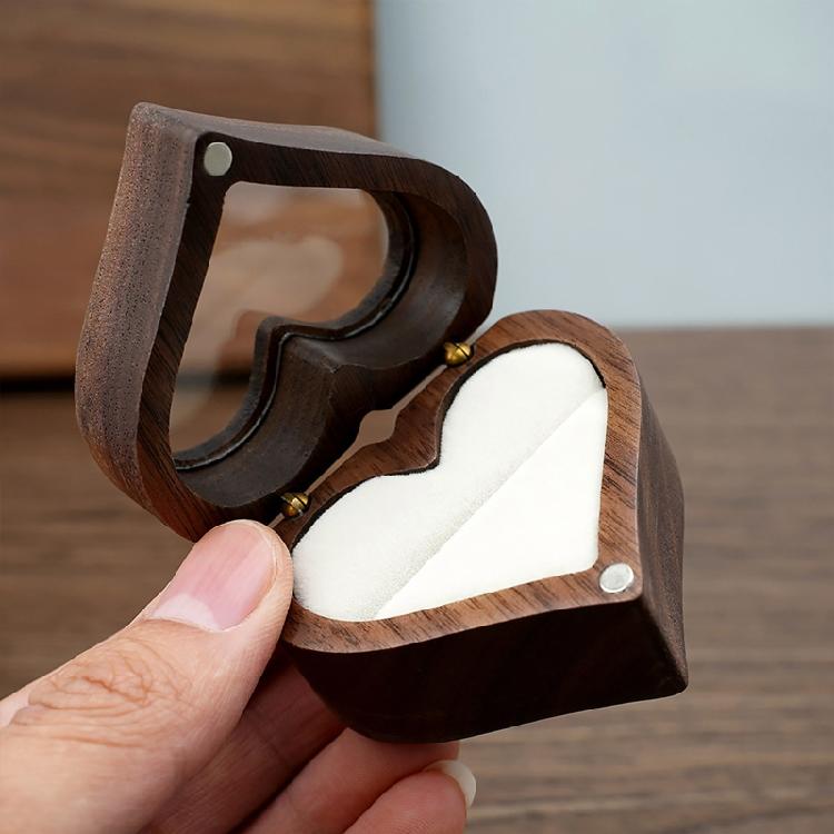 Heart-shaped Solid Wood Ring Box Velvet Soft Inner Bag Jewelry Storage Bag