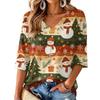 Women's V-Neck Three-Quarter Sleeve Casual Christmas Print Top