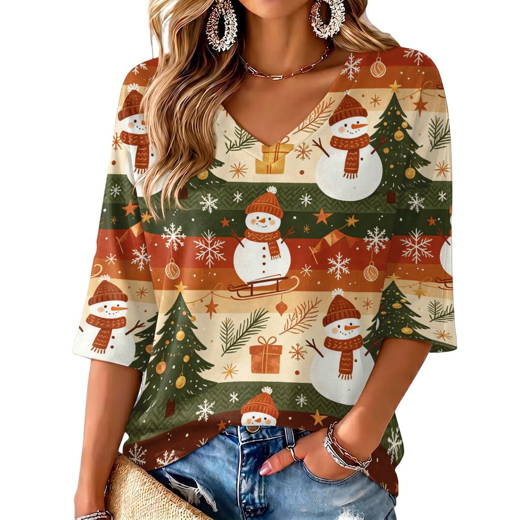 Women's V-Neck Three-Quarter Sleeve Casual Christmas Print Top
