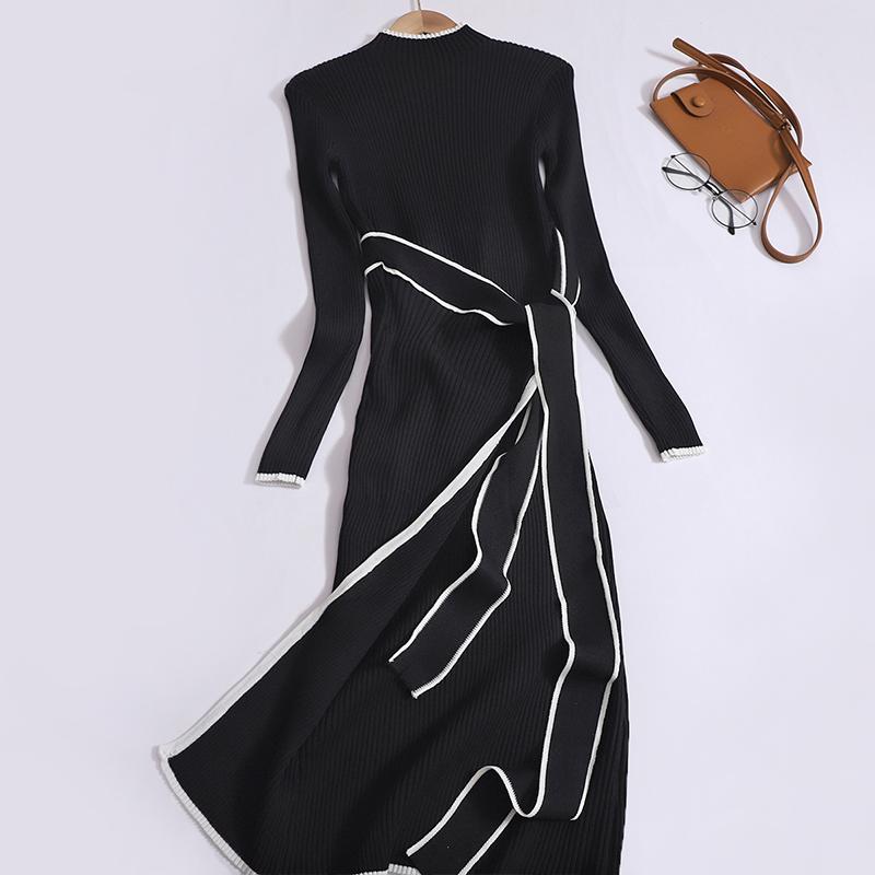 Damen Herbst Büro Stehkragen Unregelmäßiges Strickkleid Vintage Mittellanges Bandagekleid Schlanke Unterseite Langarm Pulloverkleid Winter