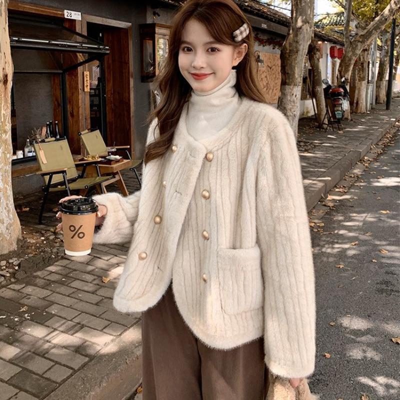 Women's Winter Faux Mink Fur Coat Cotton Padded Thickened Korean Style Double Breasted Overcoat