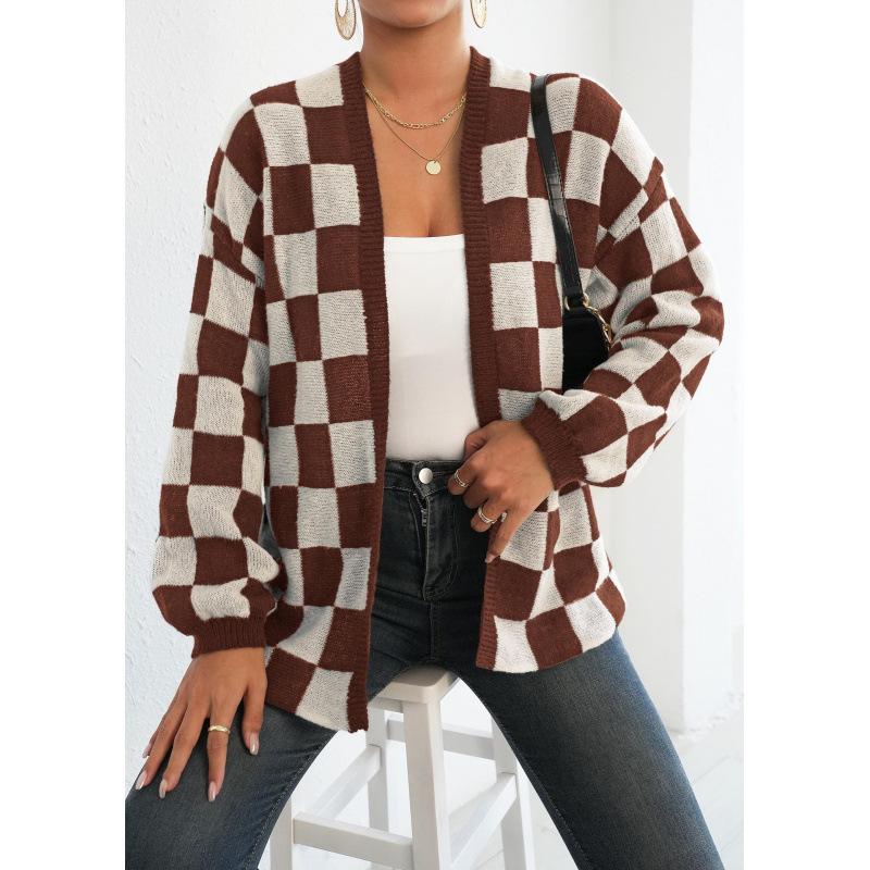 

Женский вязаный кардиган колор-блок клетка свободный повседневный свитер пальто S белый