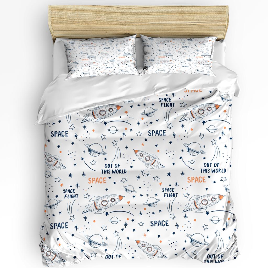 3pcs Bedding Set Rocket Flying Cartoon Universe Space White Duvet Cover Pillow Case Boy Kid Teen Girl Bedding Covers Set