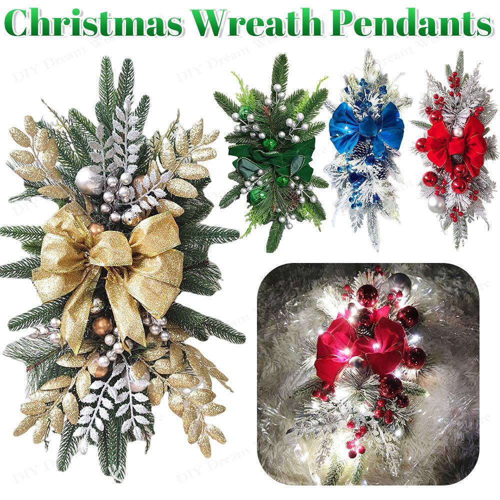 45cm Christmas Decoration Wreath With Lamp W/ Light For Front Door Red Ball Flower Garland Xmas Ornament Window Wall Hanging Dec