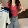 Sommer Unregelmäßigen Kreuz V-ausschnitt Kurzarm Strick Pullover Mädchen Mode Elegante Dünne Top