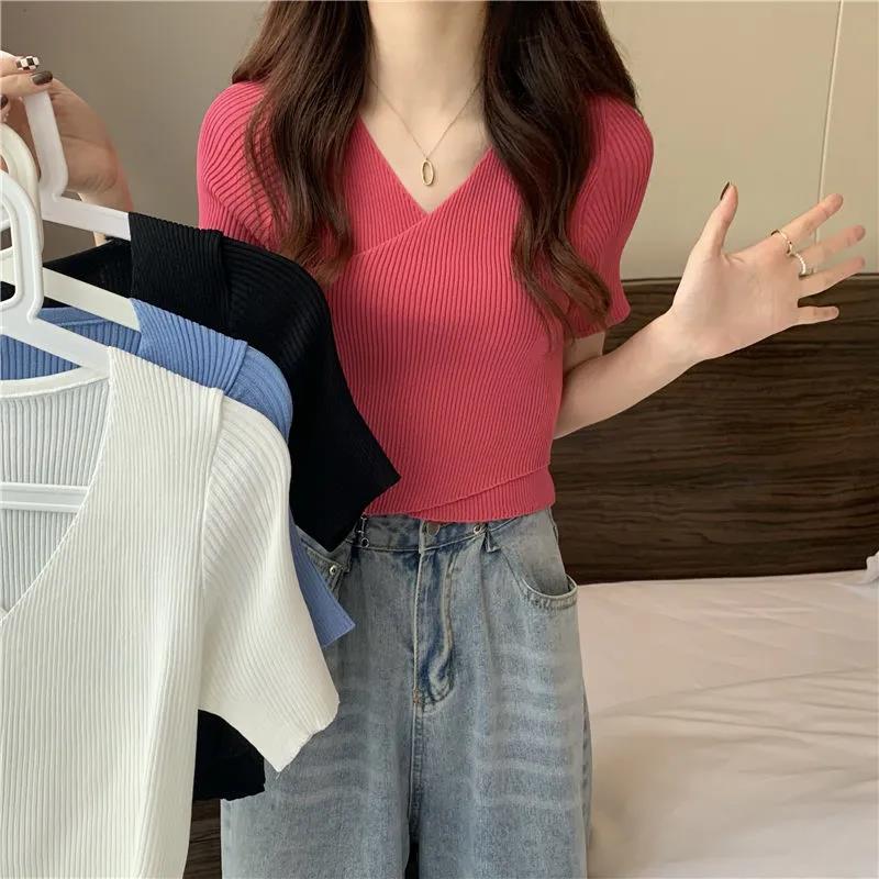 Sommer Unregelmäßigen Kreuz V-ausschnitt Kurzarm Strick Pullover Mädchen Mode Elegante Dünne Top