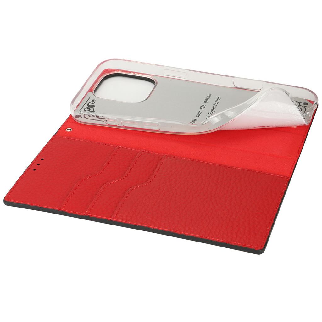 For iPhone 16 Pro Max Wallet Case Genuine Cow Leather Phone Cover Litchi Texture