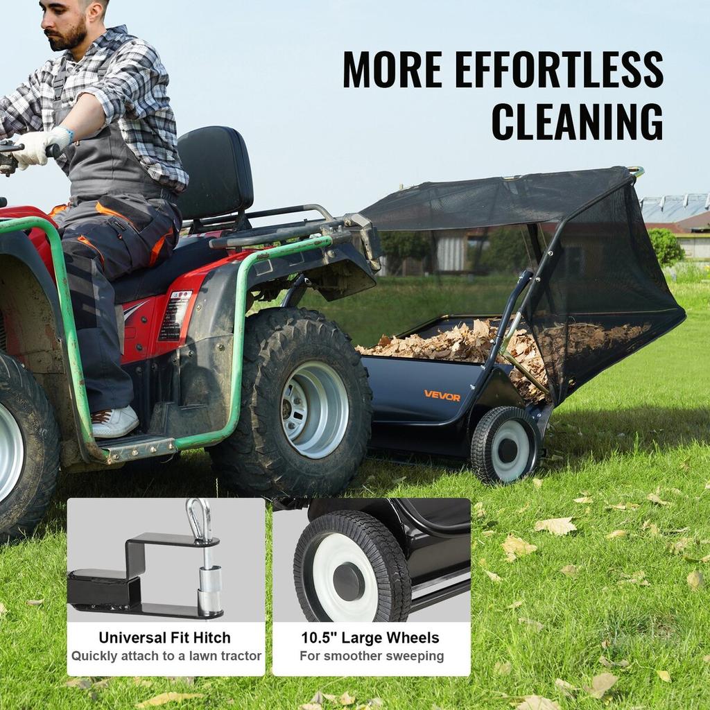 Tow Behind Lawn Sweeper, 111.7 Cm Pull Behind Lawn Sweeper, 25 Cu. Ft Large Capacity Leaf & Grass Collector, Heavy Duty Garden Sweeper with Adjustable