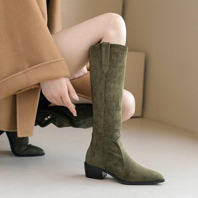 Höst- och vinter dammode stövlar med mellanhög klack enfärgade mellanhög klack spetsiga stor storlek damstövlar fyrkantig klack ny gummisula höga stövlar