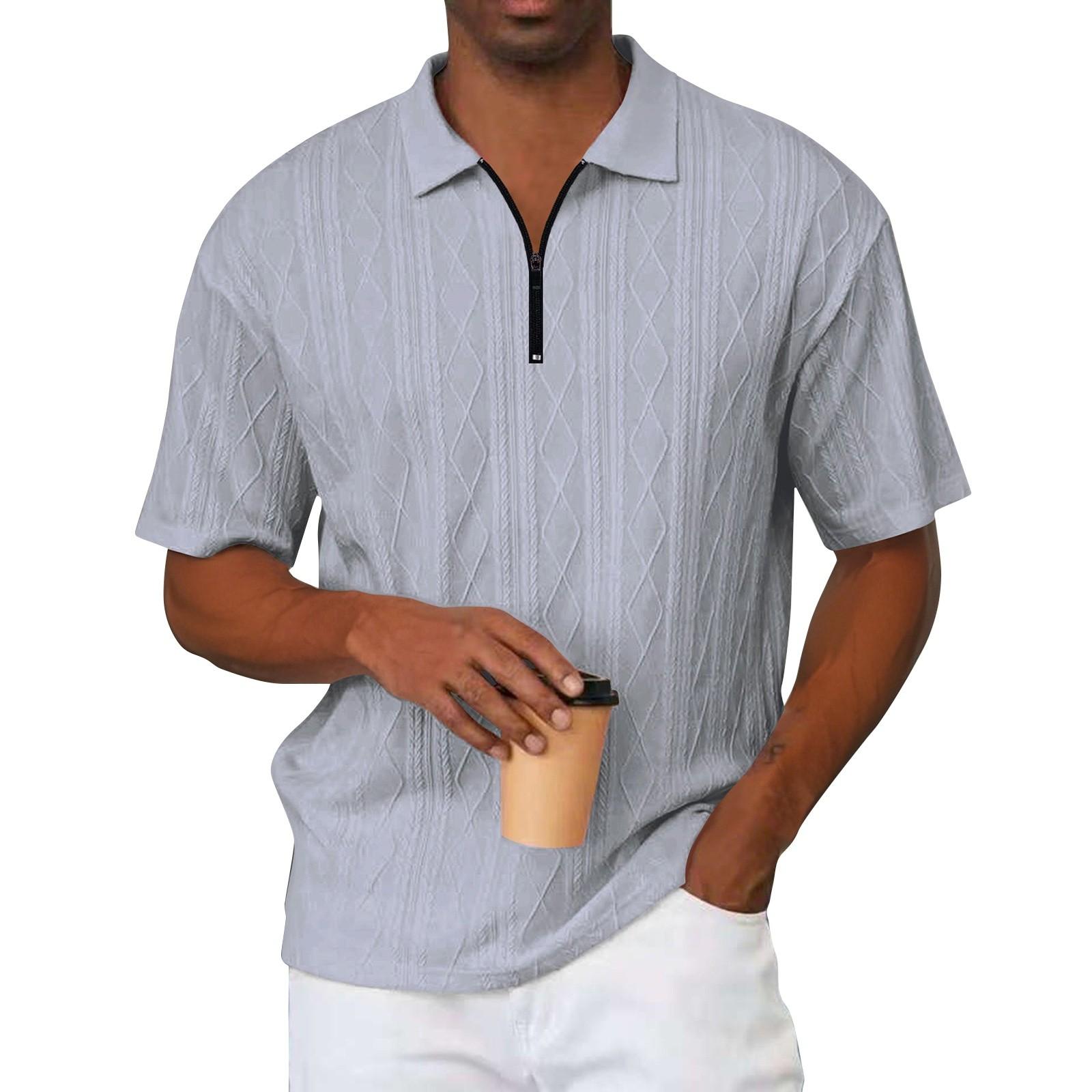 

Men s Summer Color Knitted Textured Zipper Collar Loose Short Sleeve Top XXXL