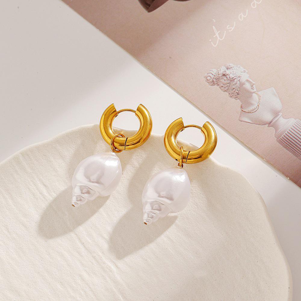 Ying Tai Stainless & Titanium Steel Earrings with Seashell Imitation Pearl, High Polish 18K Gold Vacuum Plating, Non-Fading Women's.