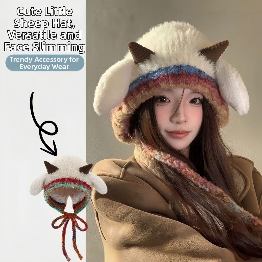 Korean Style Lamb Beanie Hat Cartoon Women Fluffy Hat Fashion Ear Protection Hat  Women