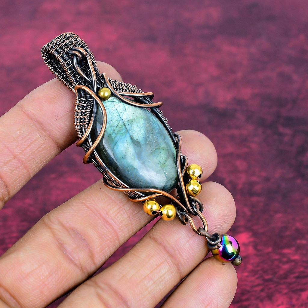 Labradorite Natural Gemstone Pendant Copper Wire Wrapped Jewelry Handmade Pendant