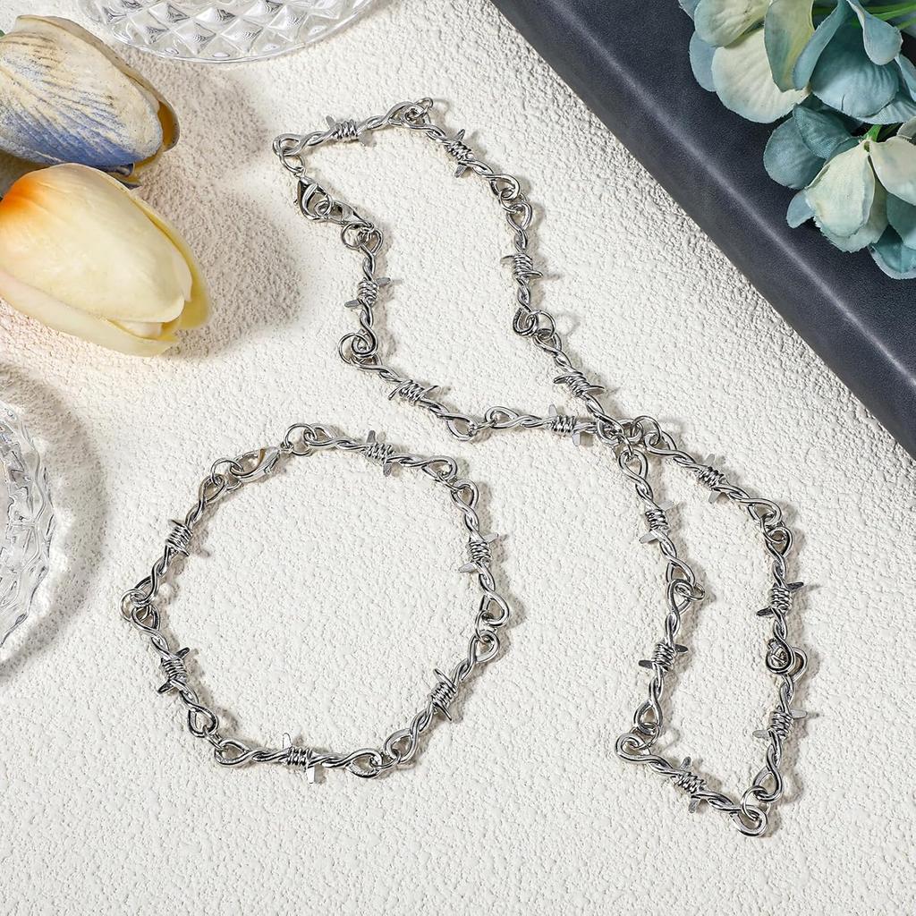 Yolev Barbed Wire Necklace and Bracelet Set Punk Thorns Barbed Wire Choker Silver Metal Grunge Jewelry Barb Wire Necklace Hiphop Rock Goth Chain for