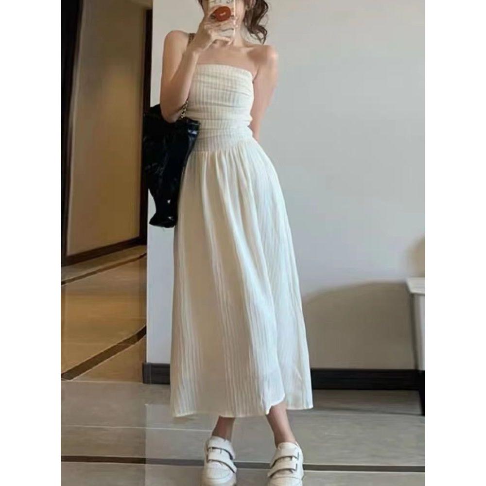 Women's Retro Slimming Long Strapless Bandeau Dress: White Spring/Summer Backless Inner Layer Skirt
