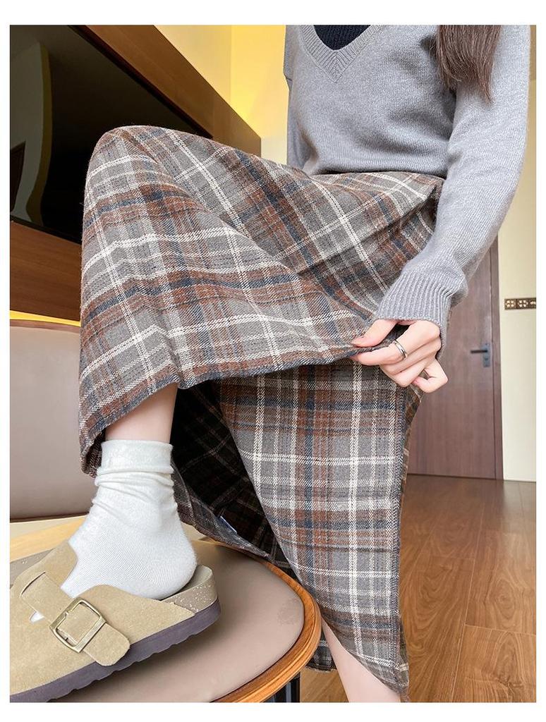 Women's High-Waist A-Line Woolen Plaid Skirt - Mid-Length, Pleated, Slimming, Elastic Waist
