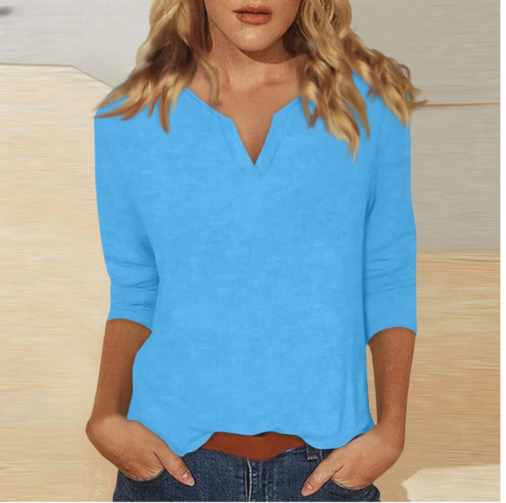 2025 Women's V-Neck 7-Point Sleeve Solid Color T-Shirt