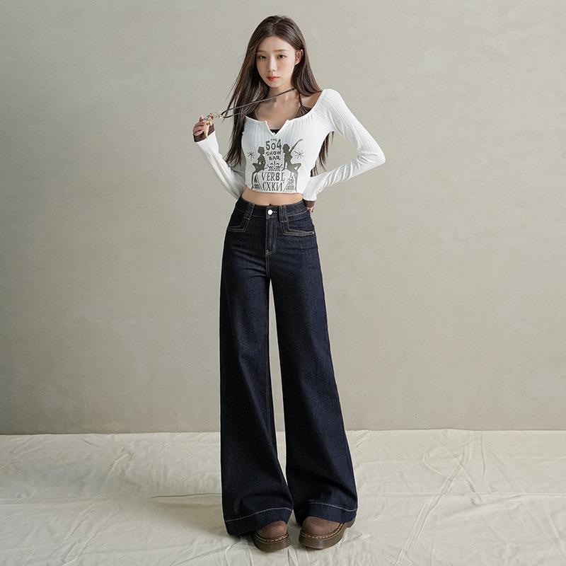Spring New Retro American Jeans Women's High Waist Loose Drape Elastic and Thin Floor-mopping Wide-leg Pants Tide