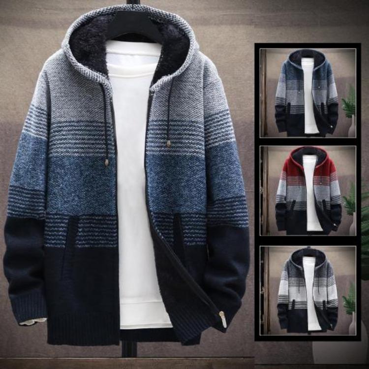 Thicken Plush Warm Cardigan Sweater Knitted Coat for Men Color Block Hooded Autumn Winter Daily Wear