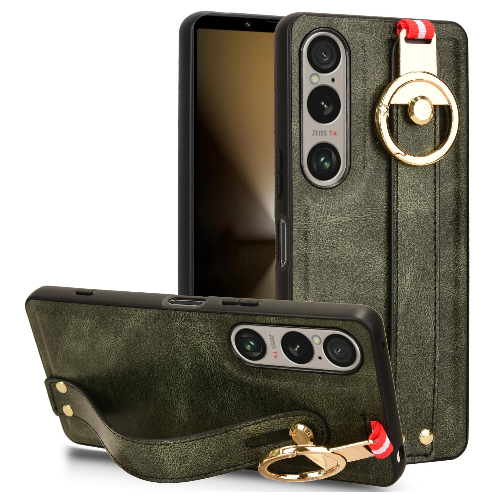 

For Sony Xperia 1 VI Case Wristband Finger Loop Leather Coated PC+TPU Phone Cover Green