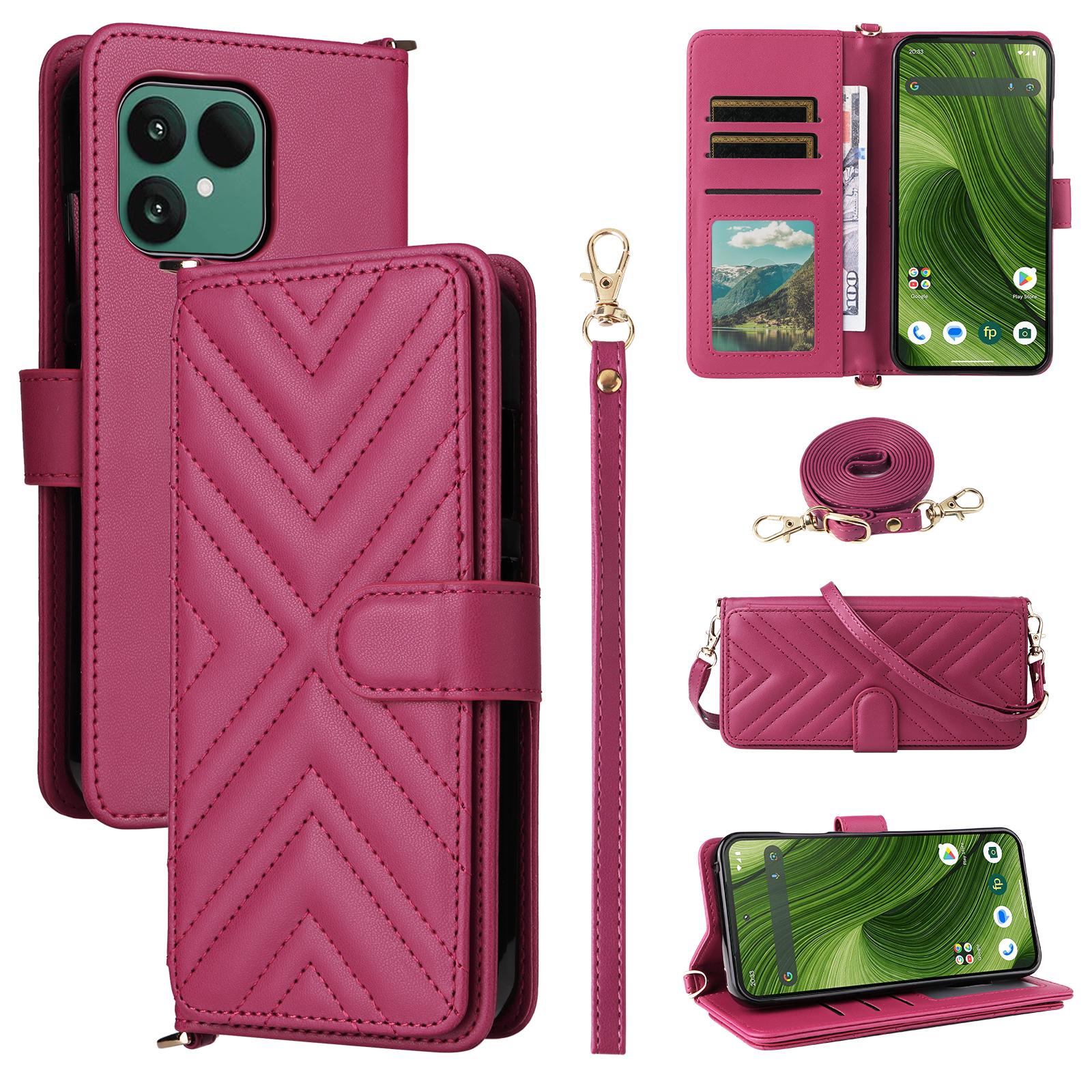 

For Fairphone 6 Case with Shoulder/Wrist Strap Leather Phone Cover Stand Wallet Rose