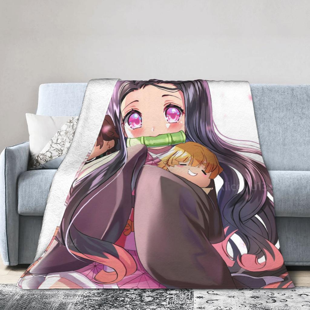 Kimetsu No Yaiba Kamado Nezuko Decken Anime Fleece Lustige Atmungsaktive Überwurfdecken für Bettwäsche Wohnzimmer Frühling Herbst