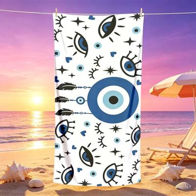 Boho Evil Eye Symbol Style White Background Blue Evil Eye Star Feather Heart Repeat Print Quick Dry Vacation Beach Towel