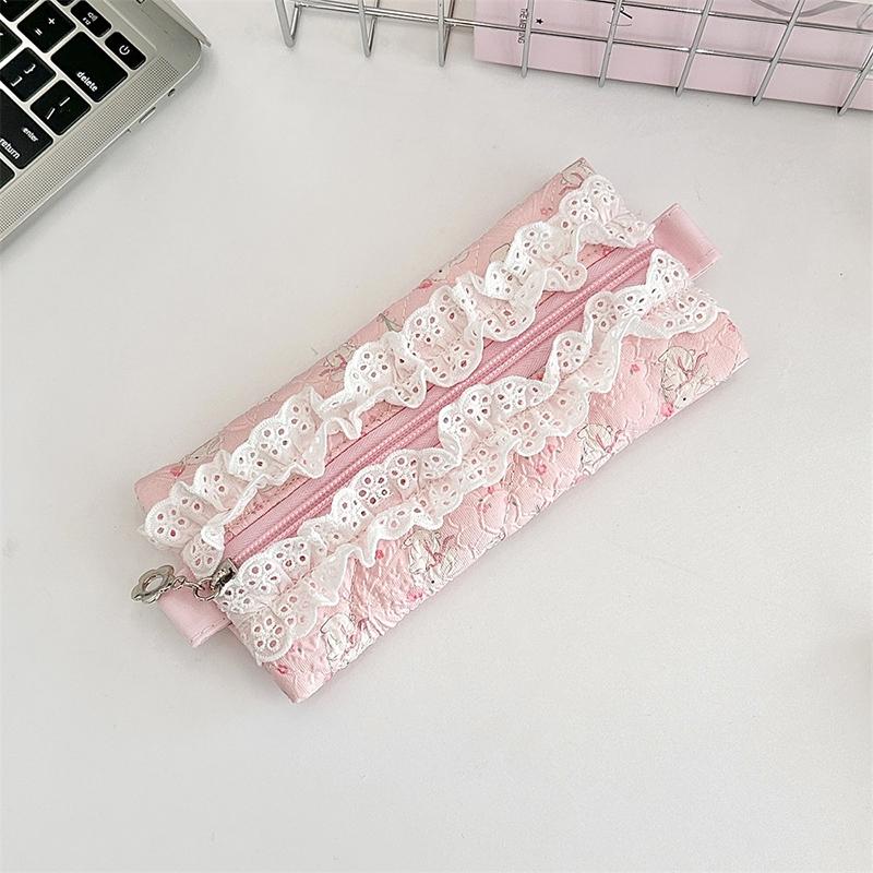Lace Floral Pencil Case Ins Style Mini Makeup Bag Sundry Change Storage Bag Large Capacity Stationery Organizer Pen Bag