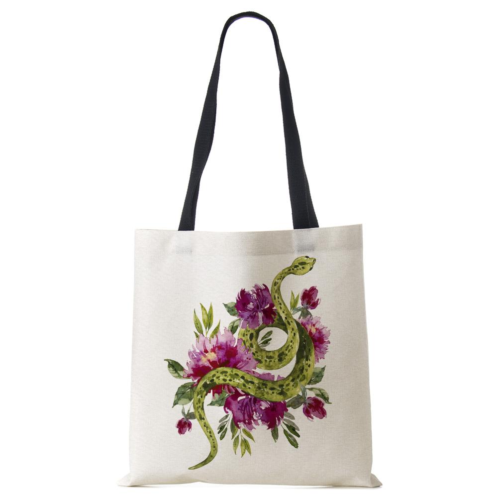 Flower Snake Women Shoulder Bag Letter Printed Reusable Shopper Tote Bag Harajuku Eco Canvas High Capacity Handbag CLE