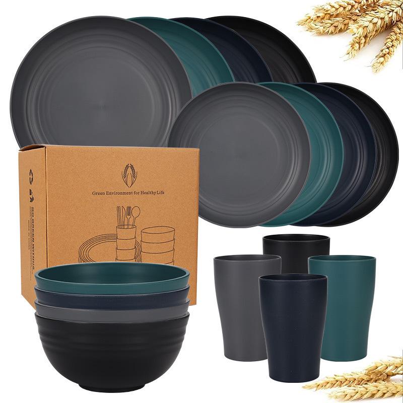 TEMU Wheat Straw 16-Piece Tableware Set: Bowls, Plates, Cups, and Cutlery