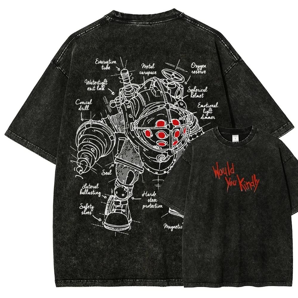 Klassisches Retro-Shooter-Spiel Bioshock Peripheriegeräte Grafikdruck T-Shirt Herren Damen Neu Harajuku Stil T-Shirt Vintage Gewaschenes Baumwolltop