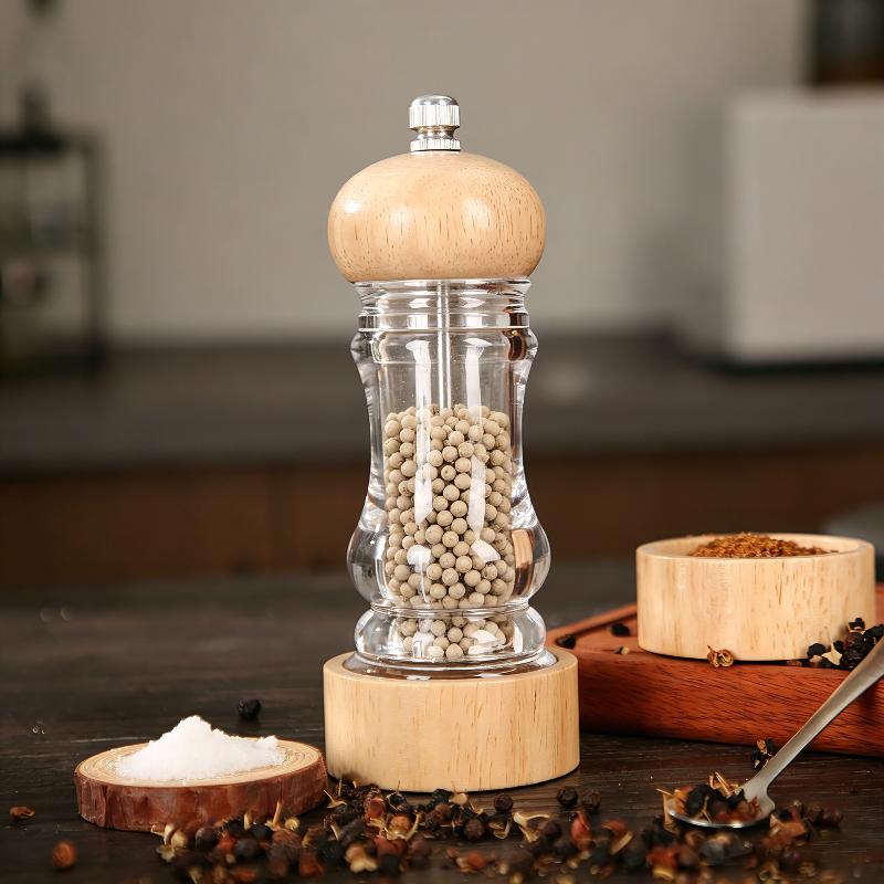 Wood Pepper Grinder Mill, Acrylic Sea Salt Shaker With Adjustable Coarseness, Refillable Manual Ceramic Core Spice Crusher