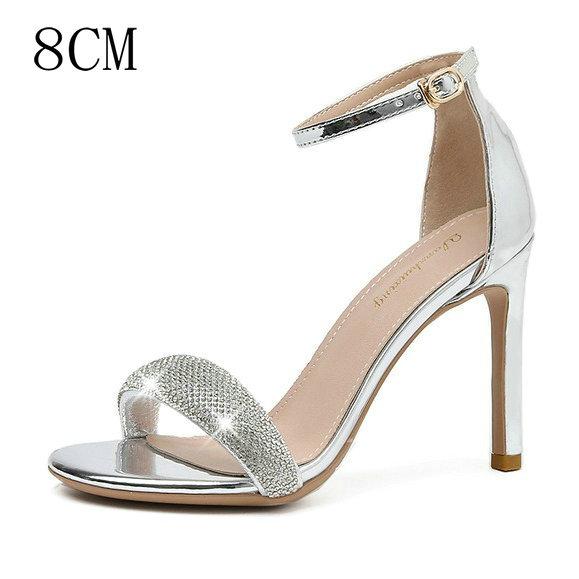 Mode 2025 Sommer Neue Damen Sandalen mit dünnem Absatz Runde Spitze mit Kristall Offene Zehen Koreanische Version Wildleder Absatzschuhe Damen High Heels