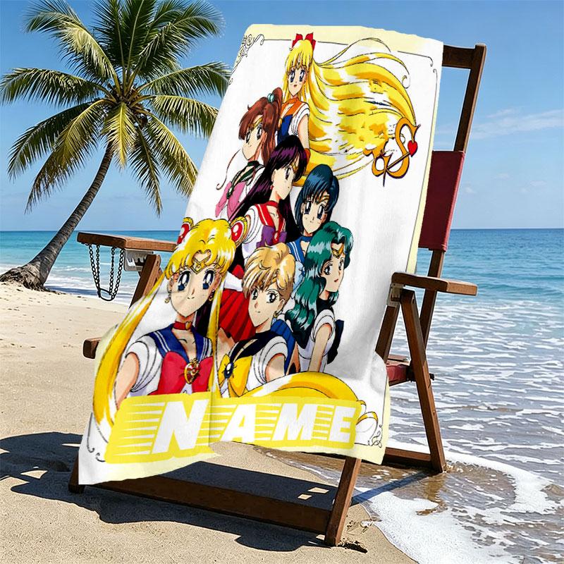 Custom Name Personalized Sailor Moon Print Beach Towel, for Trip Camping Beach Party Home Decor, Birthday Gift for Family & Friends