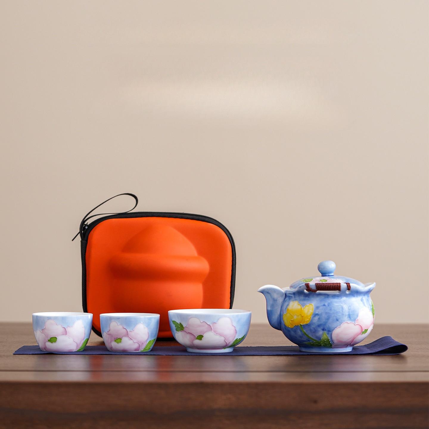 Расписанный вручную дорожный чайный набор с пионами, один чайник и две чашки, портативная экспресс-чашка для улицы, керамический чайник с пузырьками, чайная чашка.