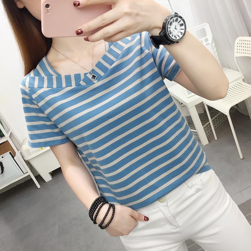 Women's Cotton Short-sleeved T-shirt Women's Summer Loose Striped V-neck Top Half-sleeved