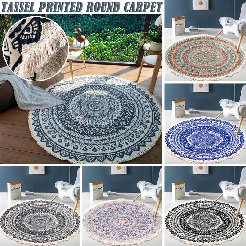 Retro Boho Rund Teppe med Dusk Dør Gulvmatte Bomullslinteppe Home Decor