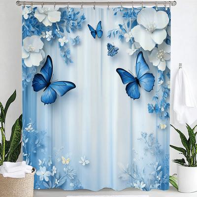 Blue Butterfly Style Shower Curtain, Bathroom Decorative Flowers And Butterflies Shower Curtain, Home Curtain With Hooks