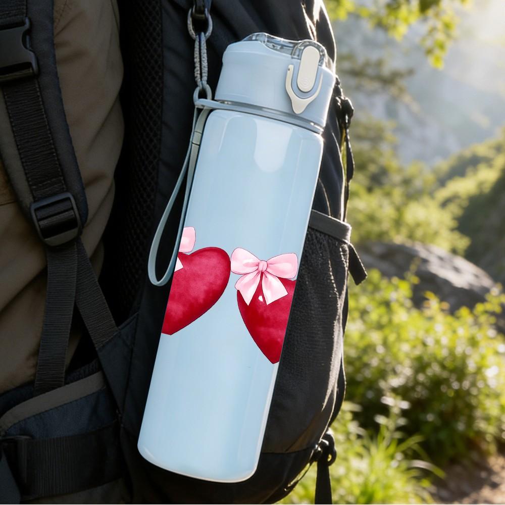 1PC Triple Red Heart Love Pattern Print 750ml Color Plastic Sports Water Bottle Leakproof Flip Straw Lid Suitable for Sports Office Home Use