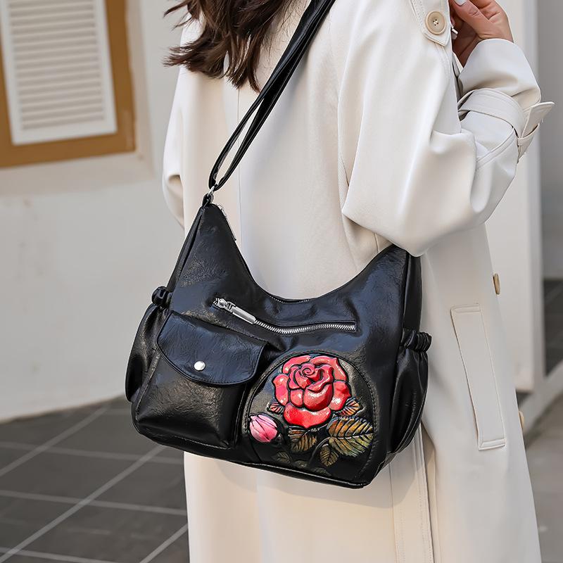 Tasche Damen Geprägte Rose Ein Schulter Umhängetasche Mittelalterliche Damen Tasche Mama Tasche Große Kapazität Damen Weiche Ledertasche