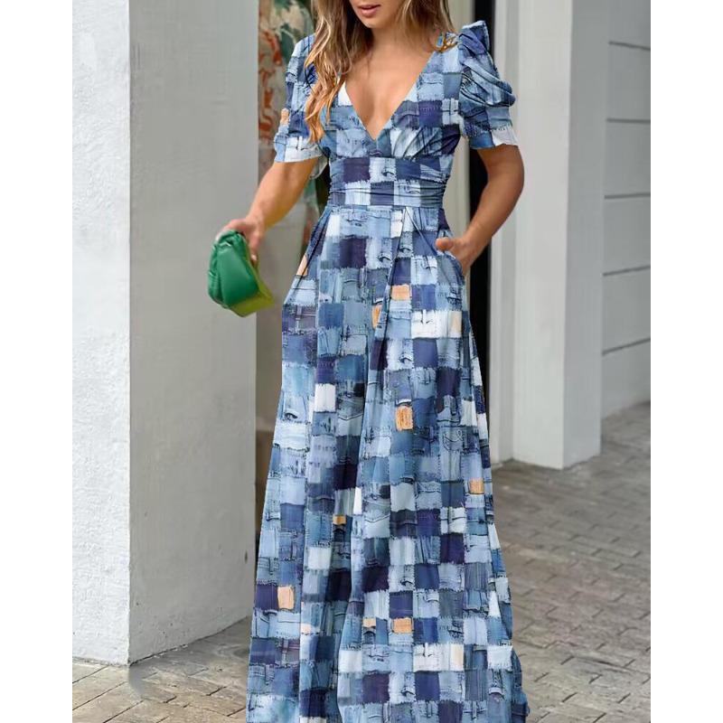 Women's Printed V-Neck Waist Short Sleeve Dress