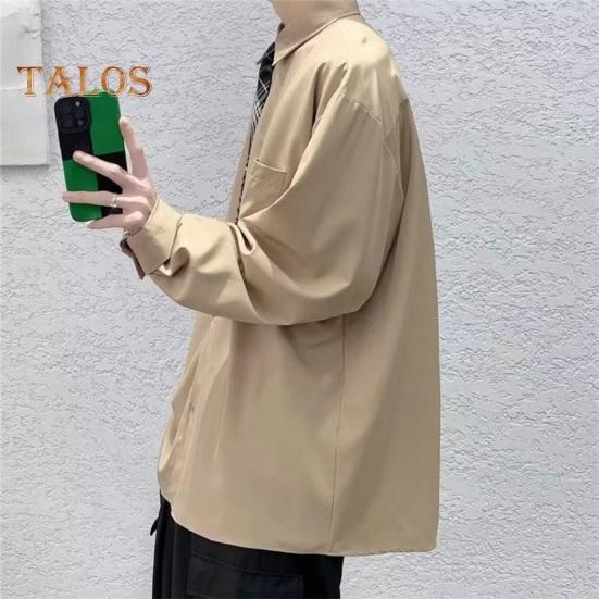 Men Spring Fall Shirt Turn-down Collar Loose Fit Retro Japanese Style Single-breasted Long Sleeves Pure Color Mid Length Young Formal Business Event